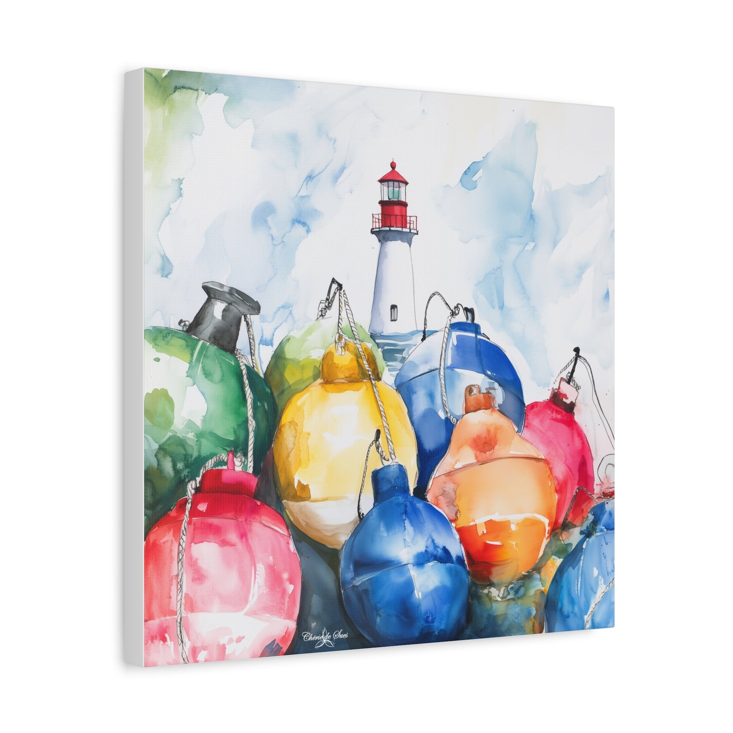 Canvas Art - Coastal Lighthouse And Colorful Buoys Wall Decor