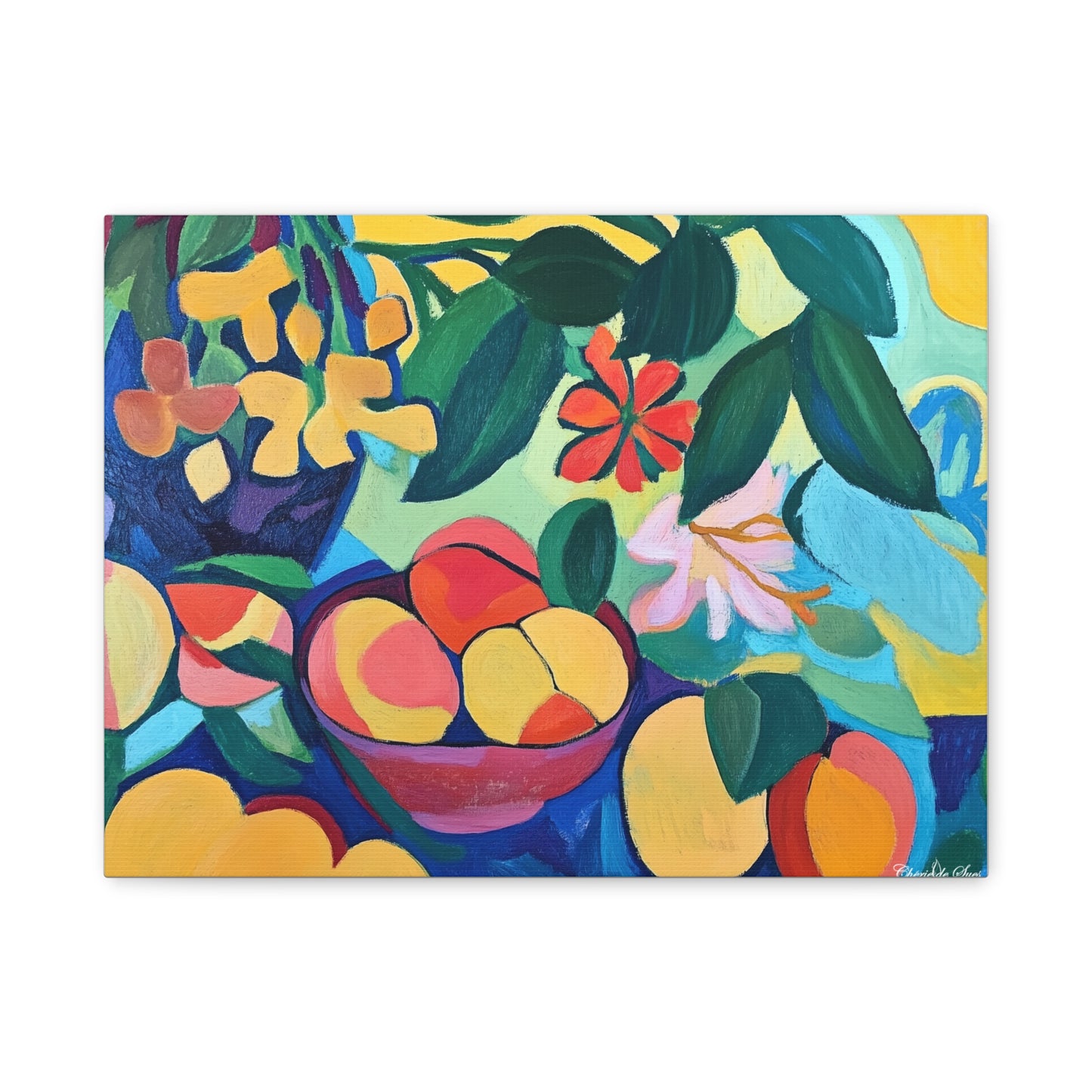 Canvas Art - Colorful Flowers And Peaches In Bowl Still Life Wall Decor