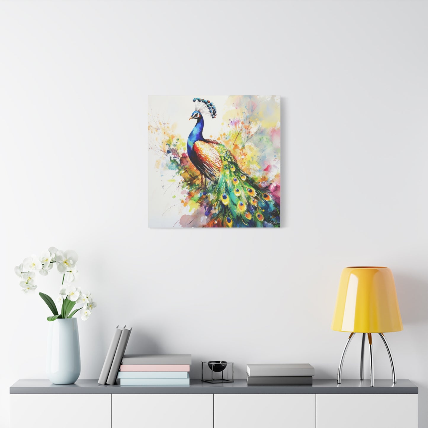 Canvas Art - Elegant Peacock With Colorful Flowing Train Feathers