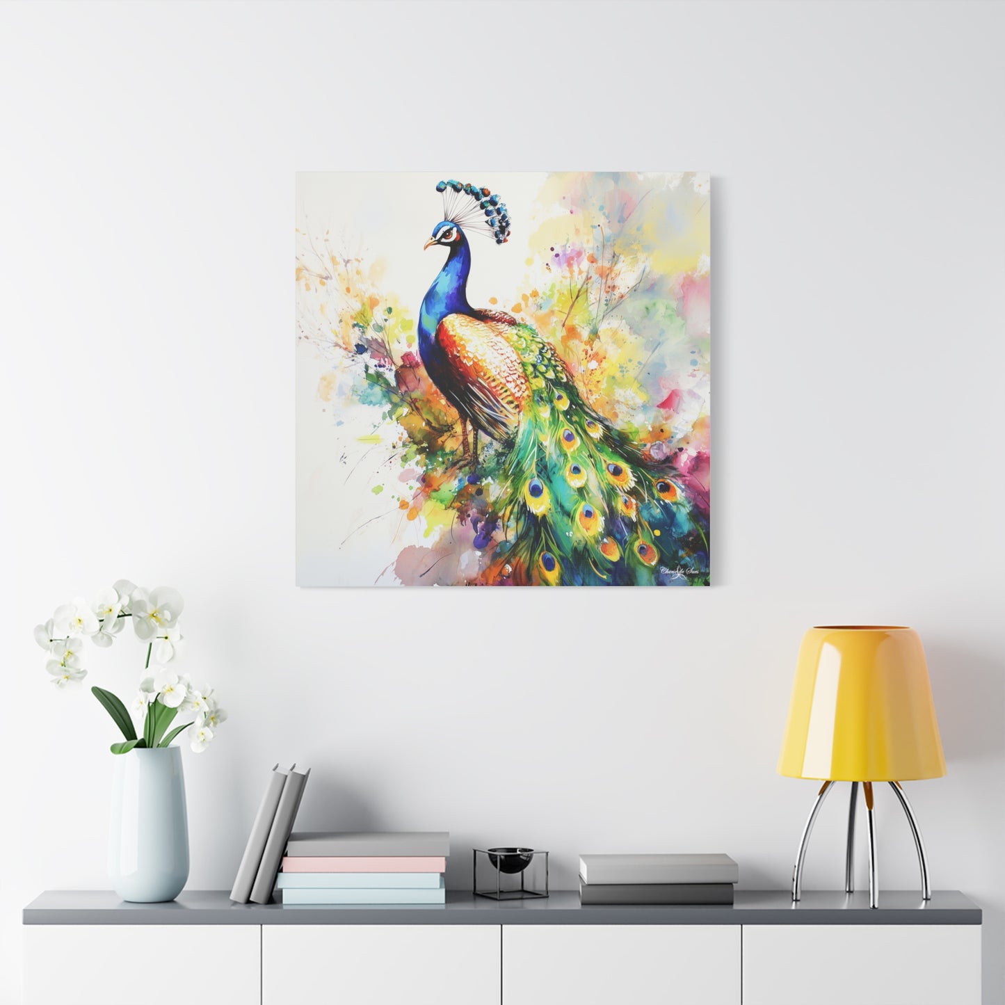 Canvas Art - Elegant Peacock With Colorful Flowing Train Feathers