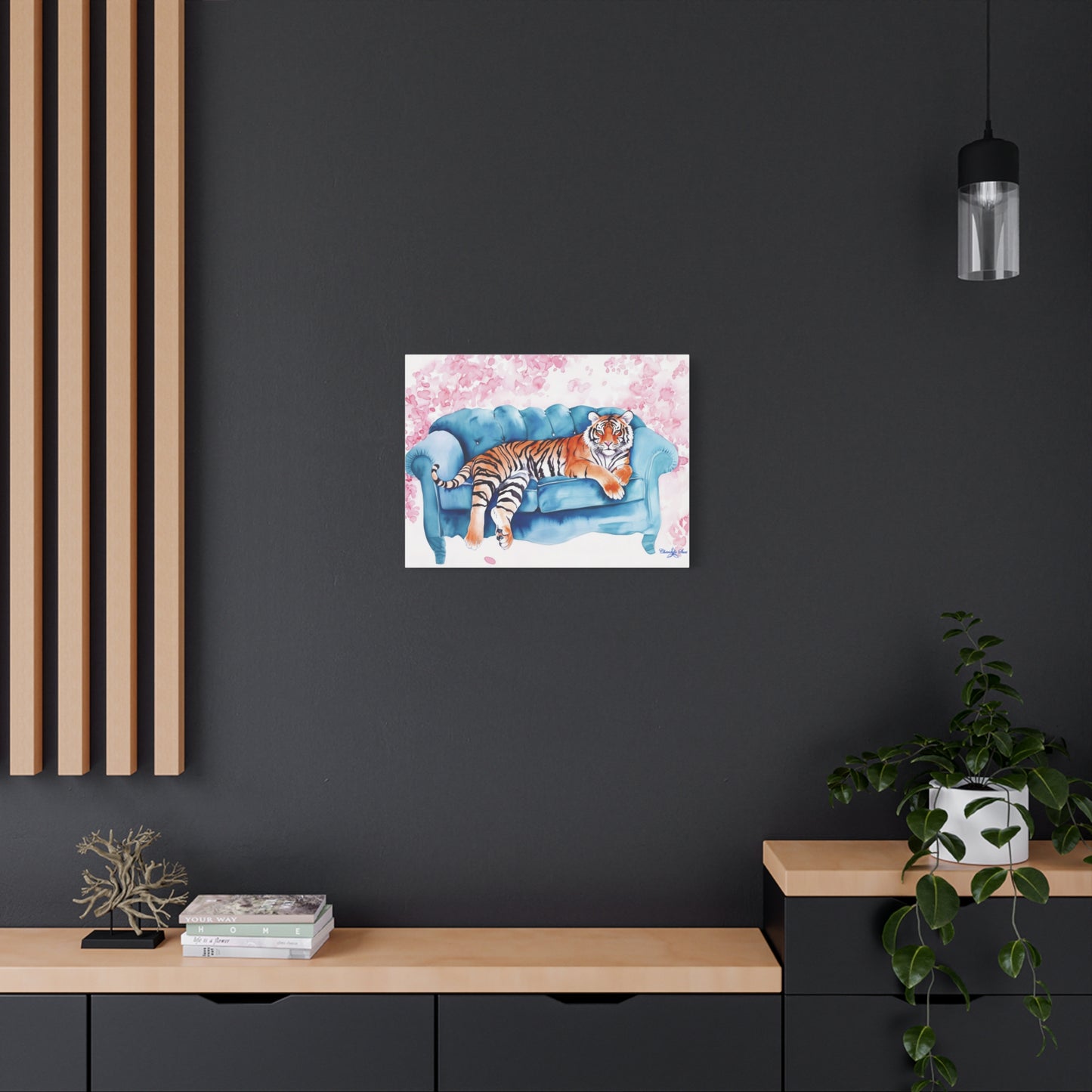 Canvas Art – Tiger Lounging On Blue Couch Wall Decor