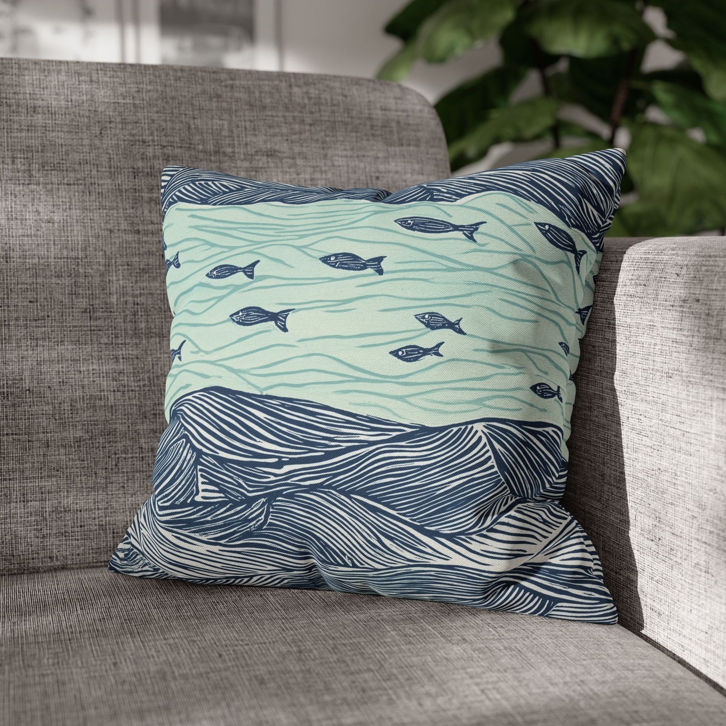 Square Pillow Cover - Coastal Nautical Waves And Fish