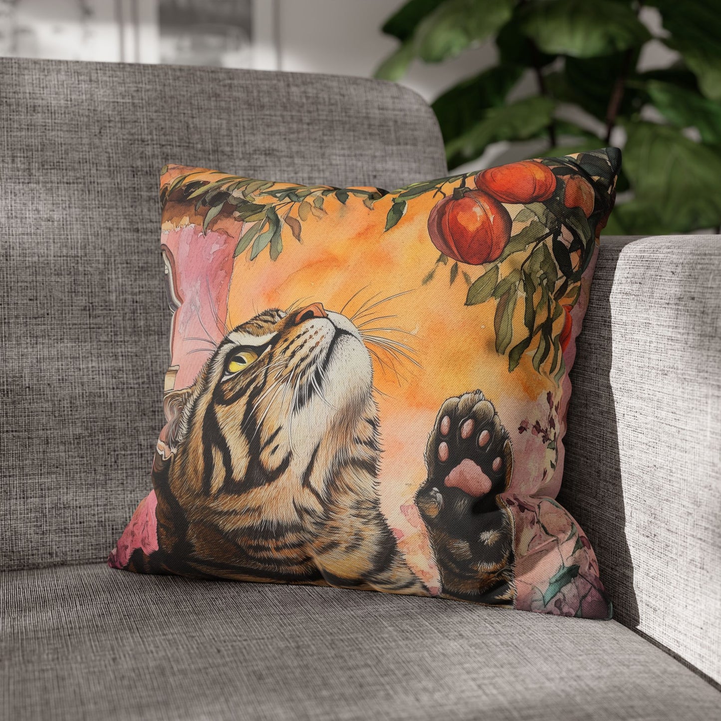 Square Pillow Cover – Pink House Tiger Cat And Persimmon Fruit