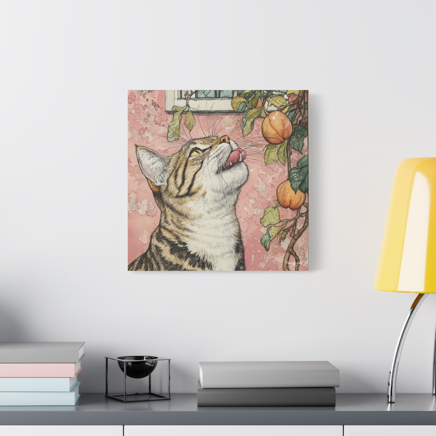 Canvas Art - Pink House Tiger Cat And Persimmons Matte Canvas