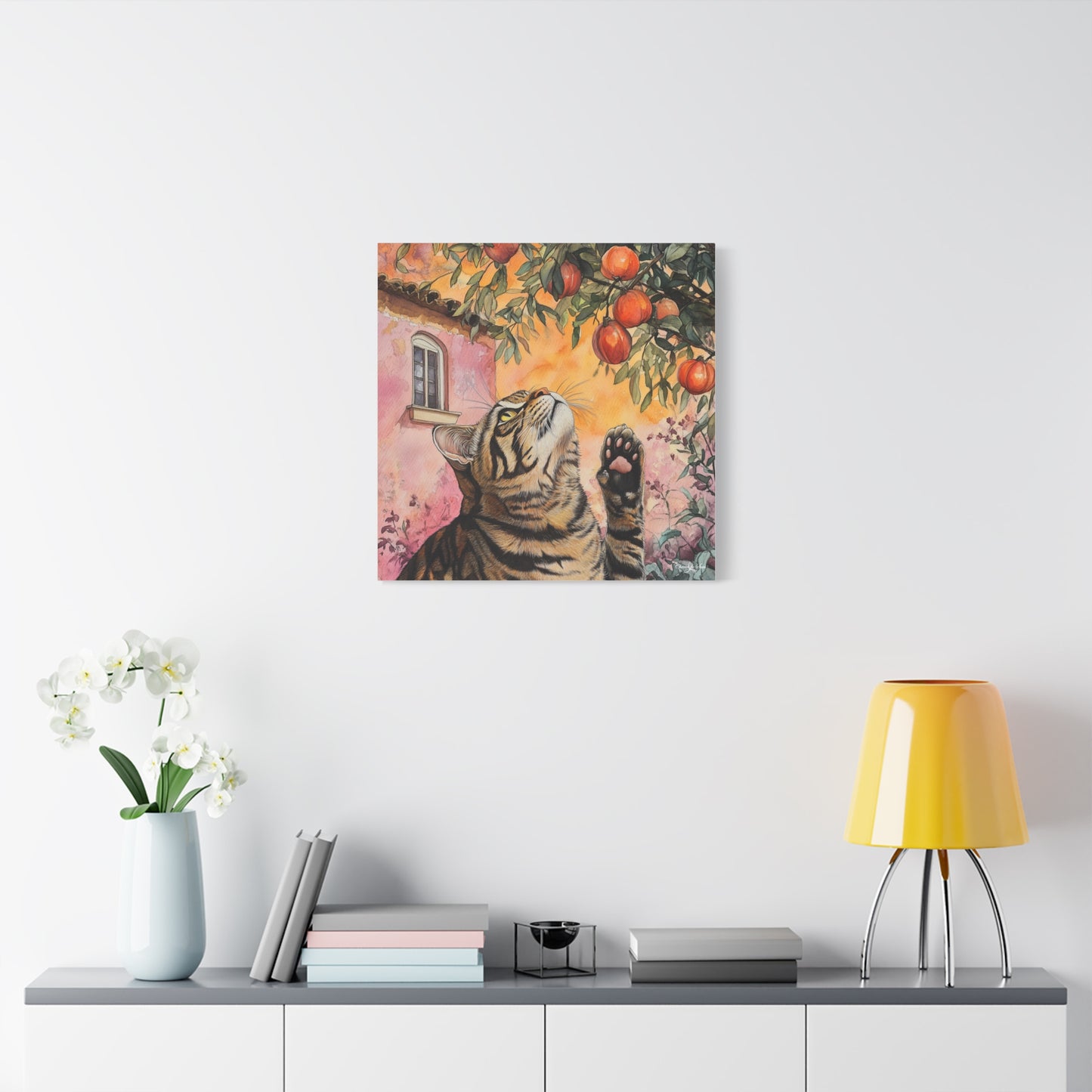 Canvas Art - Pink House Tiger Cat And Persimmons