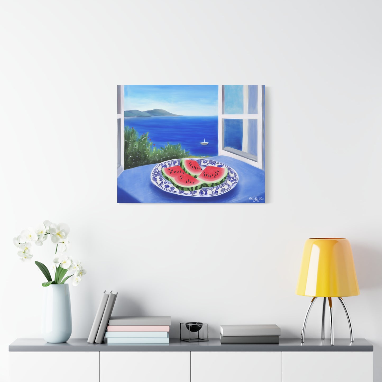 Canvas Art - Sea View Watermelon On Blue Plate Still Life