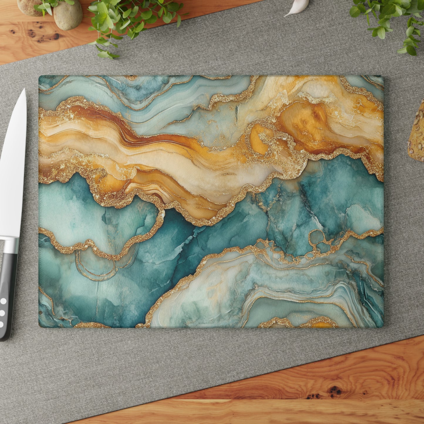 Glass Cutting Board - Geode Design, Marbled Gold and Aqua, Kitchen Decor