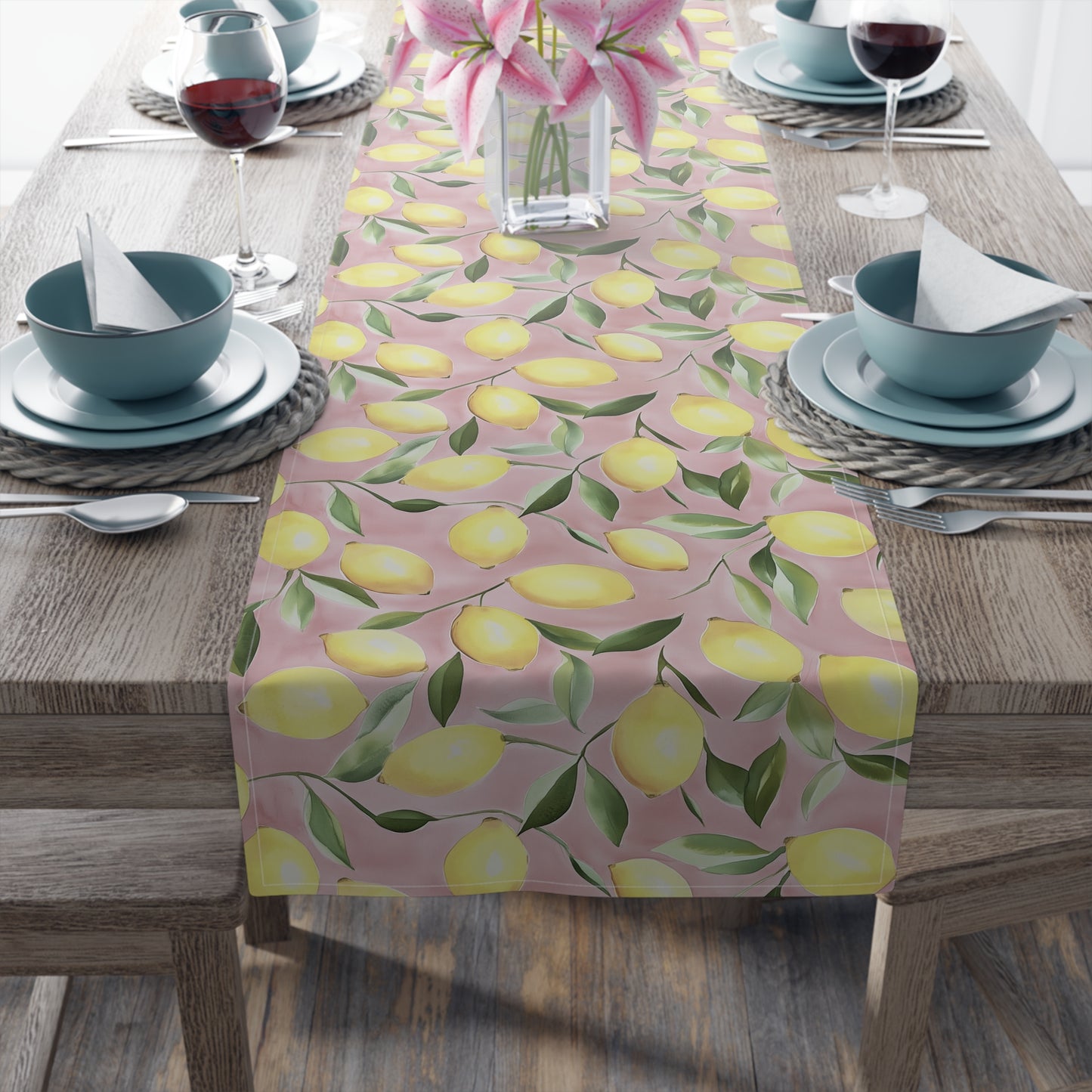 Table Runner - Ripe Lemons On Pink Watercolor