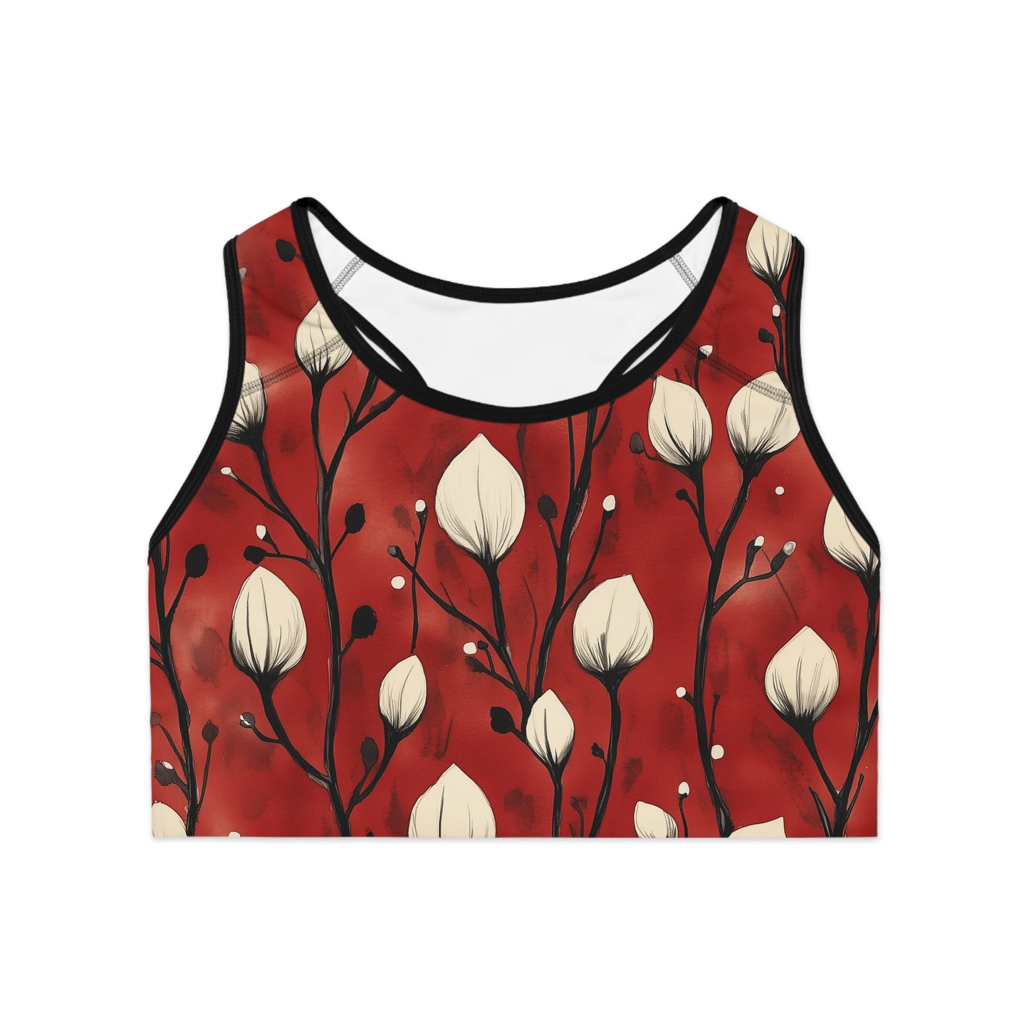Sports Bra - White Puff Flowers On Red Wine Background