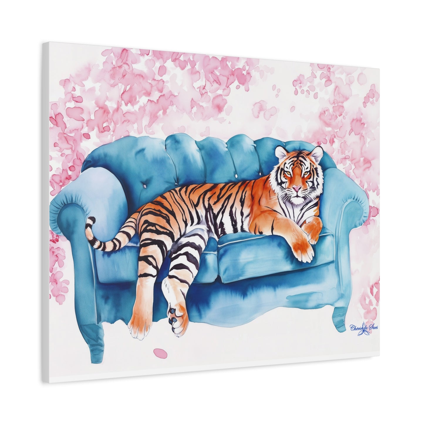 Canvas Art – Tiger Lounging On Blue Couch Wall Decor