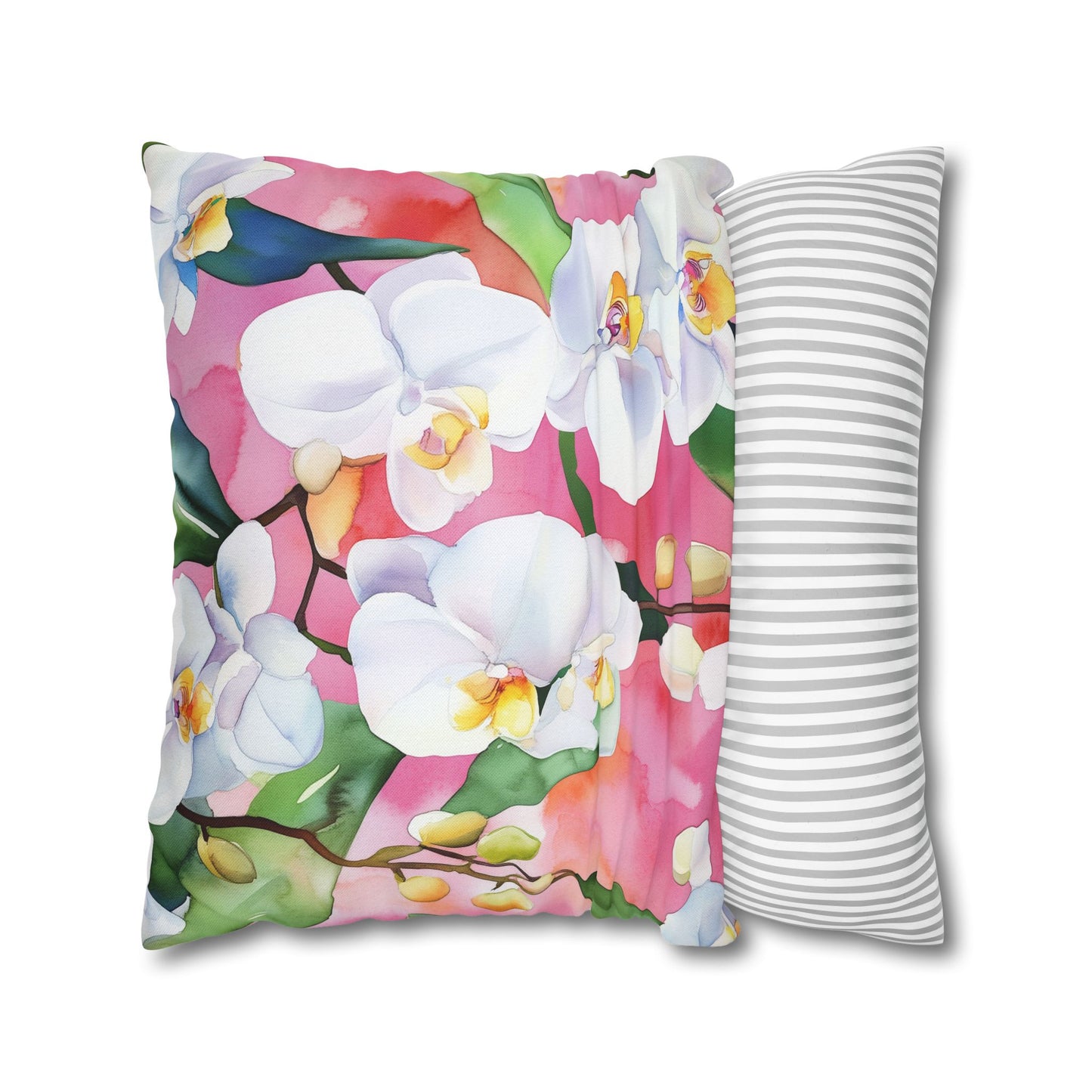 Square Pillow Cover - White Orchids On Pink Background