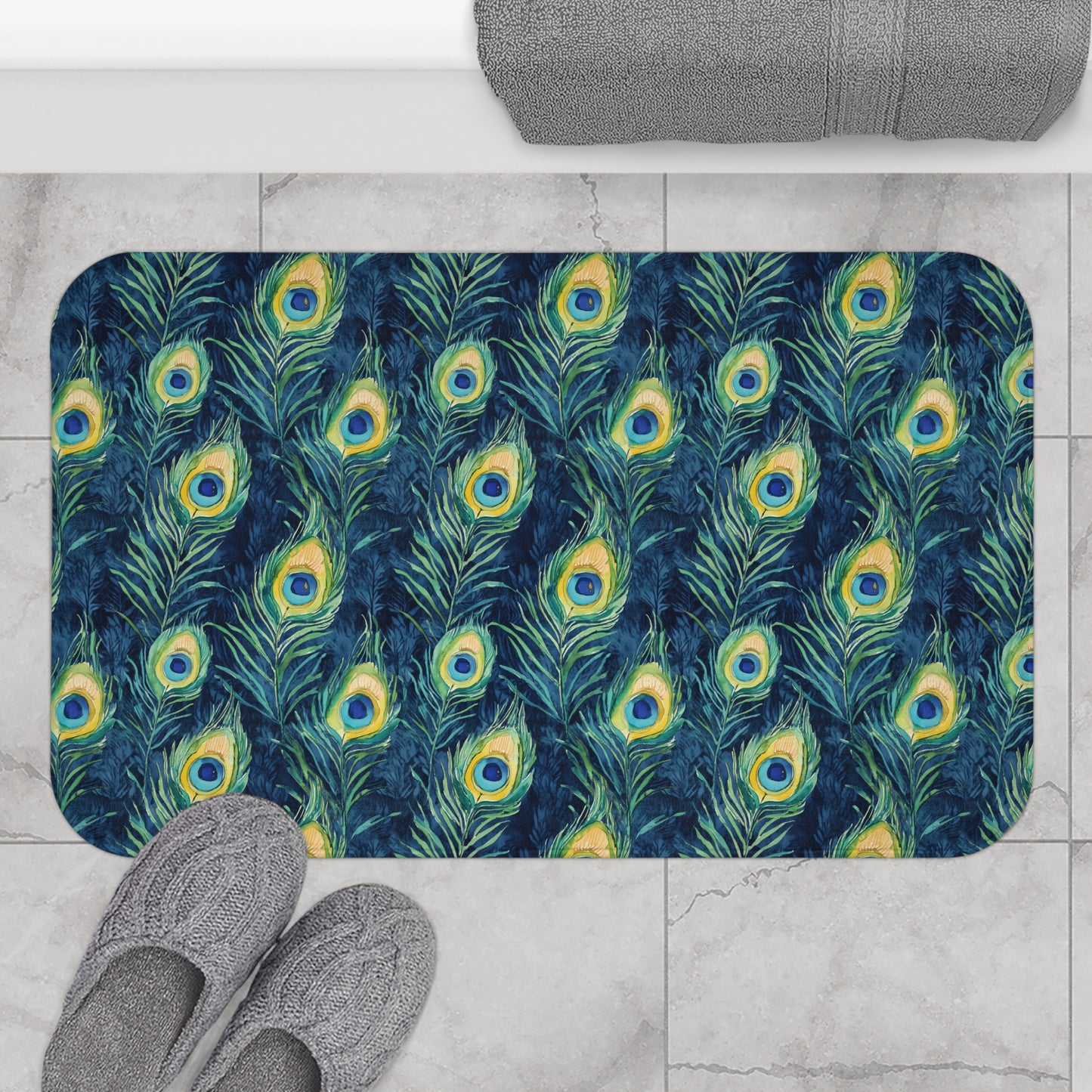Bath Mat - Elegant Peacock Feathers In Navy, Aqua And Gold