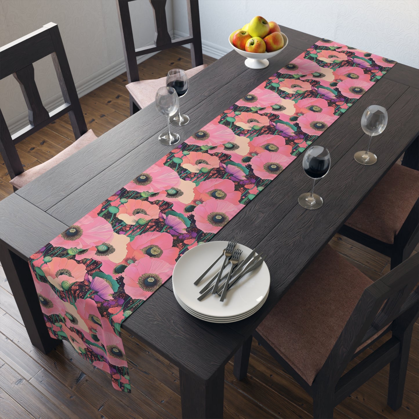 Table Runner - Elegant Pink Poppy Floral On Fresh Cotton