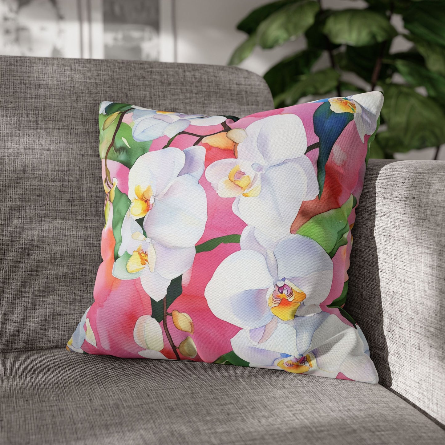 Square Pillow Cover - White Orchids On Pink Background
