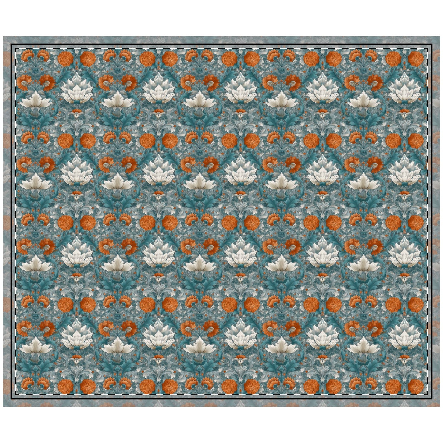 Quilted Coverlet - Elegant Floral Ogee Teal Orange And Off White