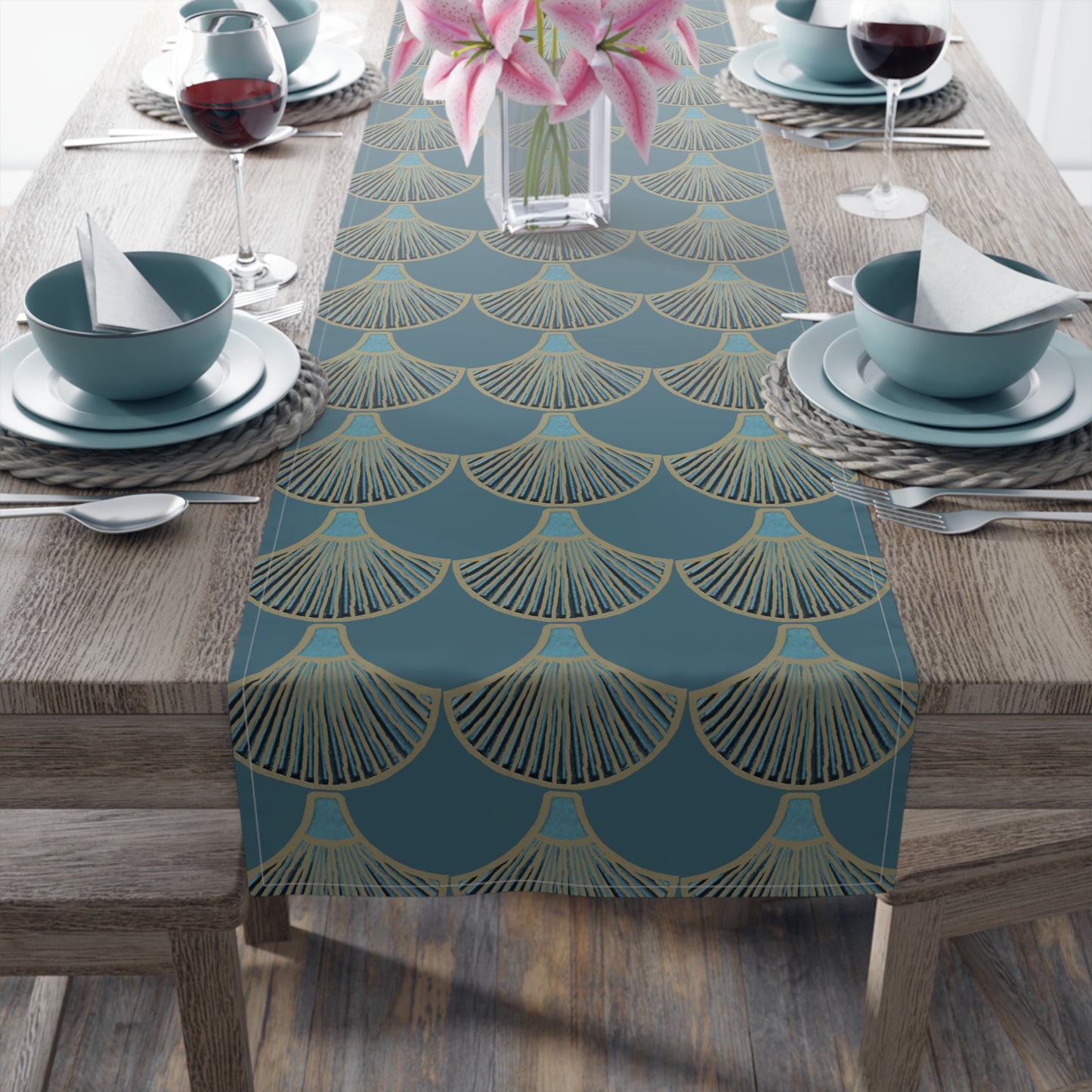 Table Runner - Mermaid Fan Design In Peacock Hues for Stylish Entertaining