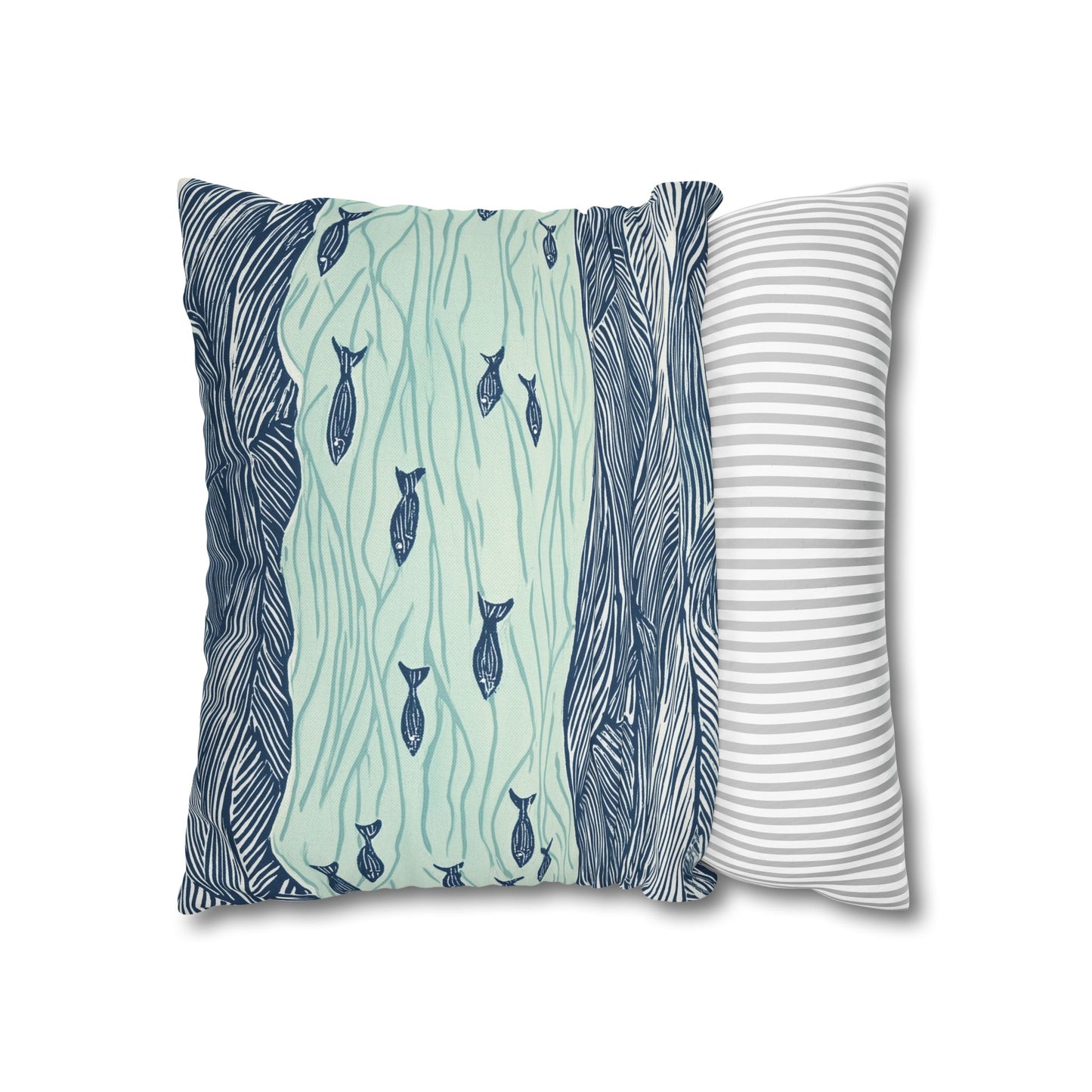 Square Pillow Cover - Coastal Nautical Waves And Fish