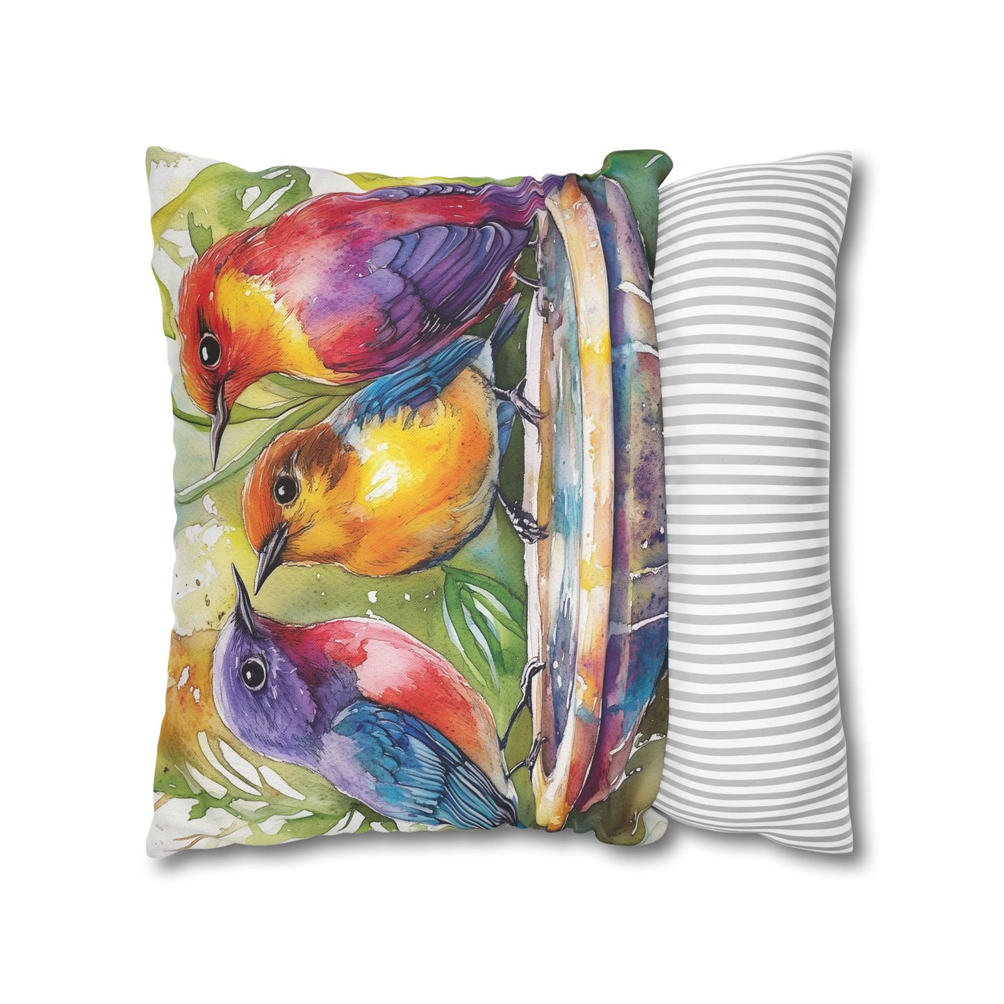 Square Pillow Cover - Colorful Birds In A Birdbath