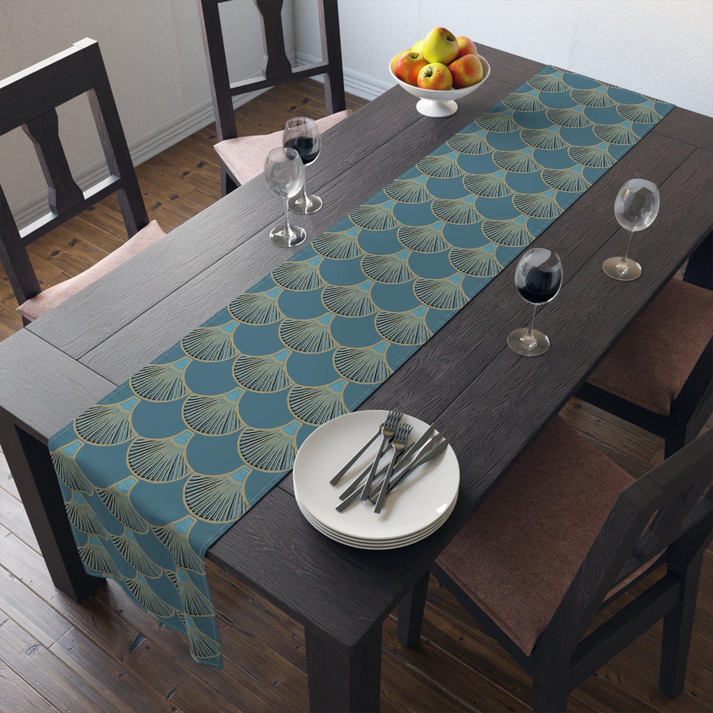 Table Runner - Mermaid Fan Design In Peacock Hues for Stylish Entertaining
