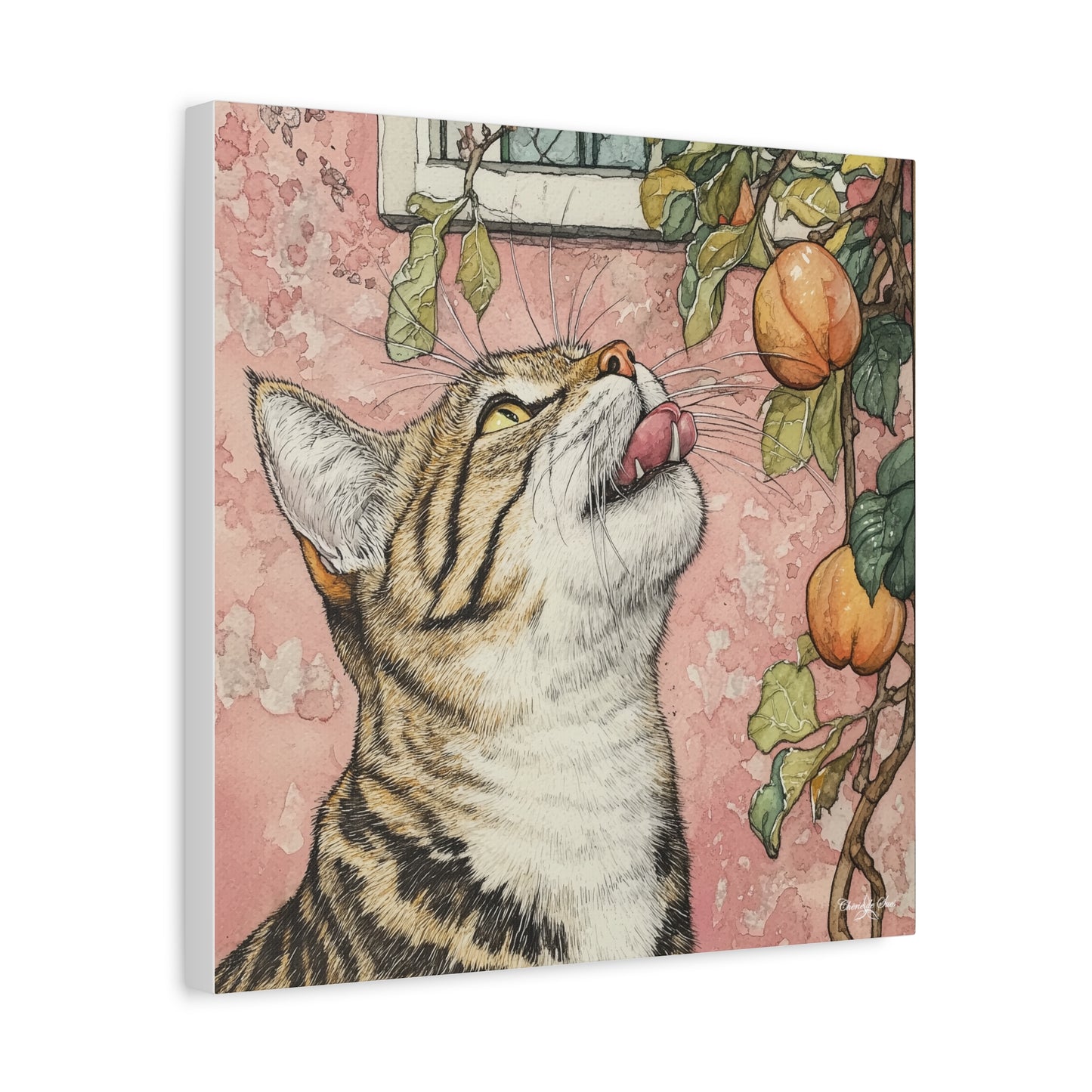 Canvas Art - Pink House Tiger Cat And Persimmons Matte Canvas