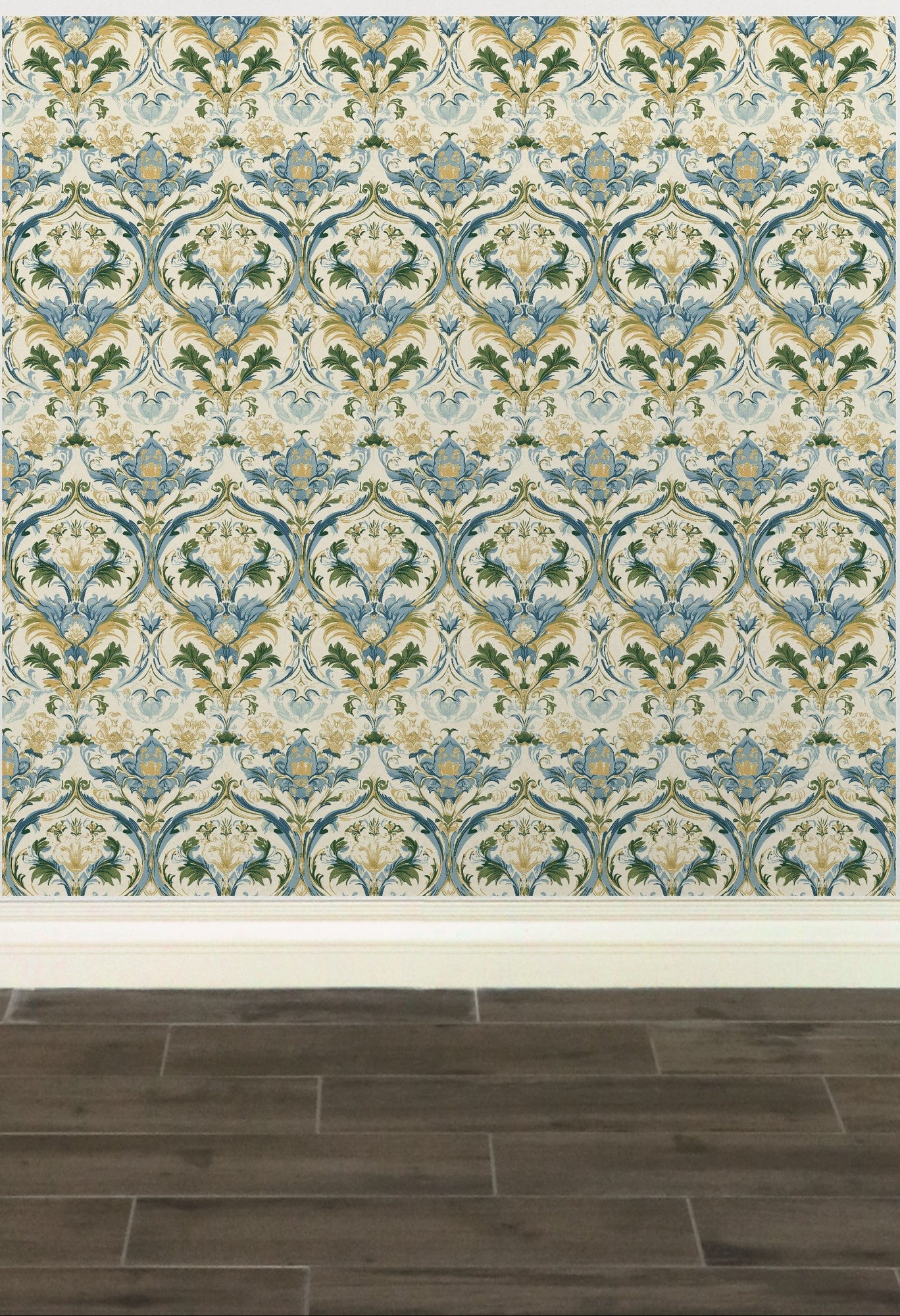 Wallpaper - Floral Ogee Ornate Gold And Blue
