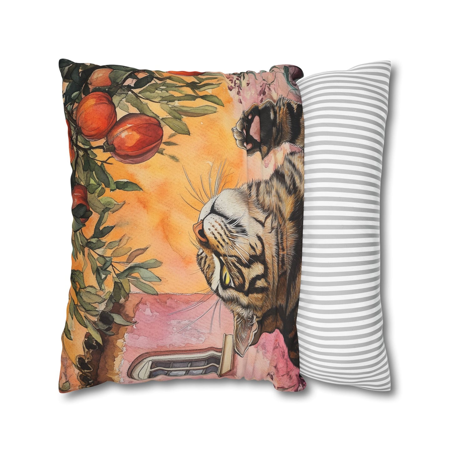 Square Pillow Cover – Pink House Tiger Cat And Persimmon Fruit