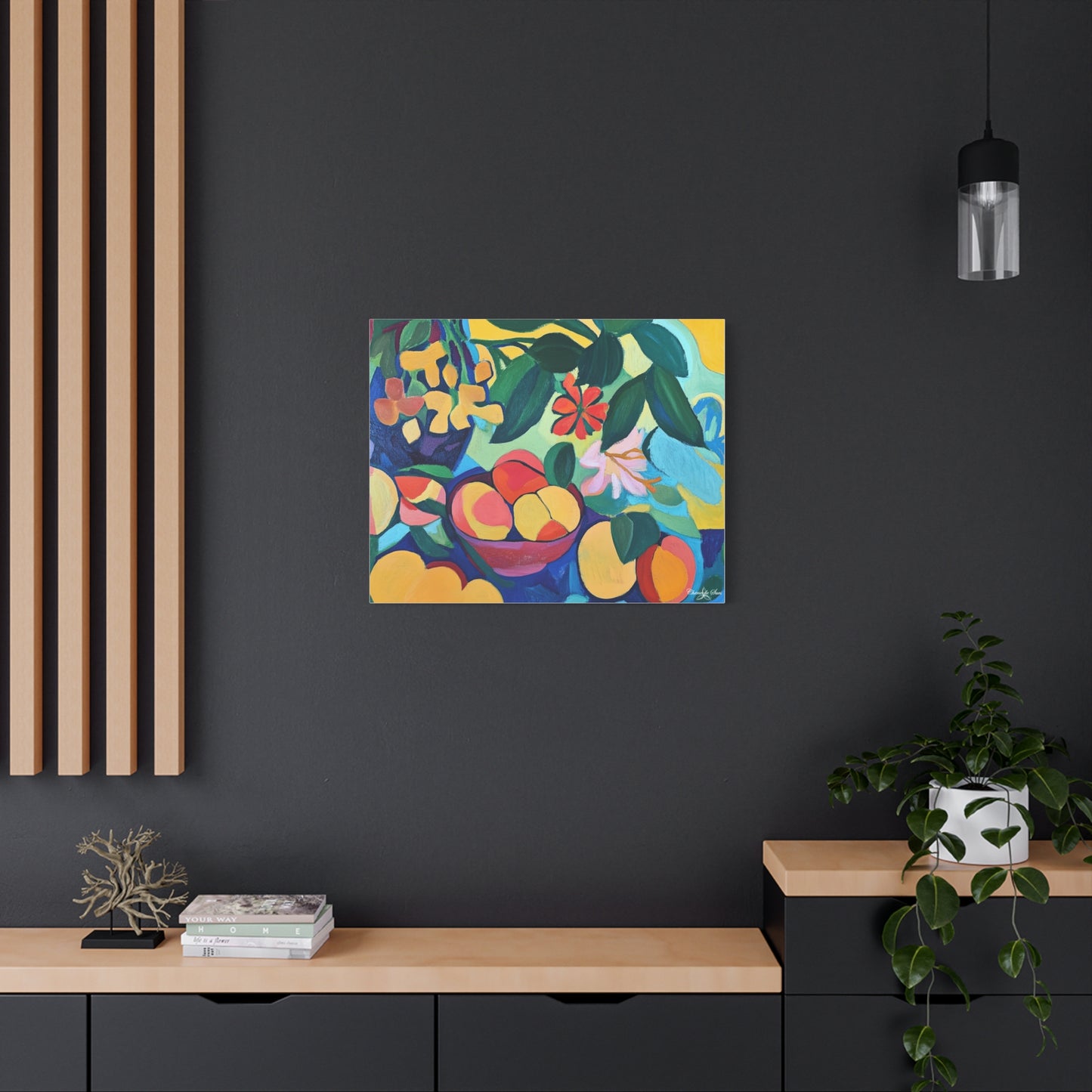 Canvas Art - Colorful Flowers And Peaches In Bowl Still Life Wall Decor