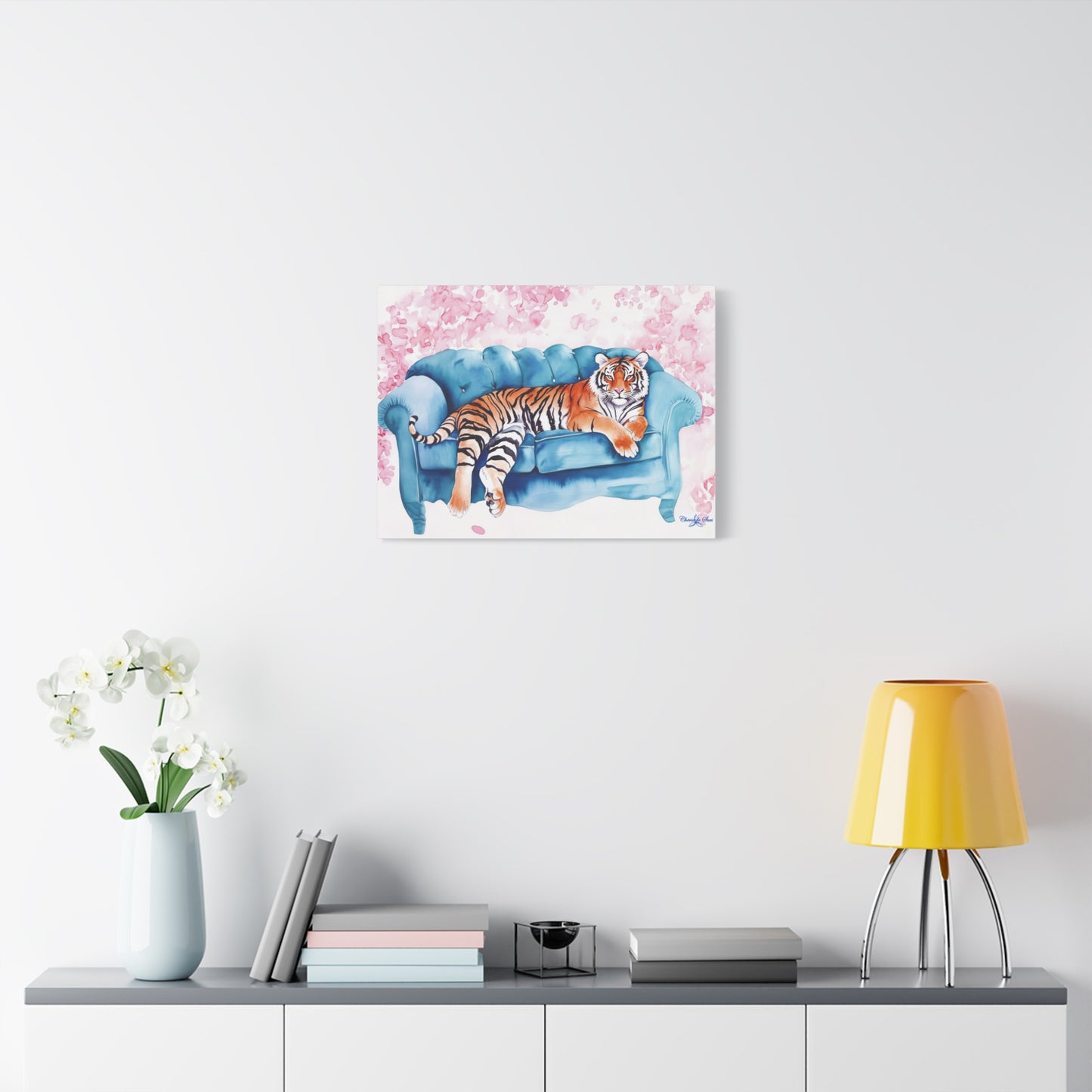 Canvas Art – Tiger Lounging On Blue Couch Wall Decor