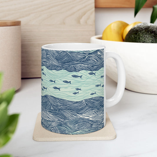Ceramic Mug - Coastal Ocean Waves With School Of Fish