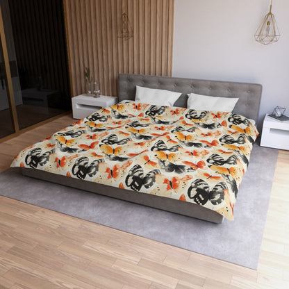 Duvet Cover - Japanese Butterflies Watercolor In Black, Orange And Yellow