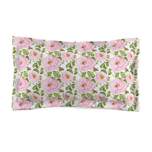 Microfiber Pillow Sham - Pink Rose Floral & Bees