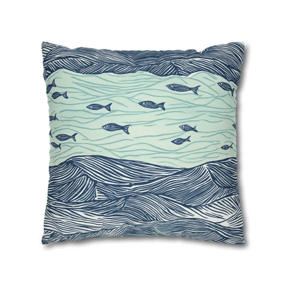 Square Pillow Cover - Coastal Nautical Waves And Fish