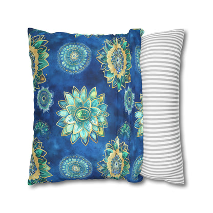 Square Pillow Cover - Coastal Blue And Gold Mandalas