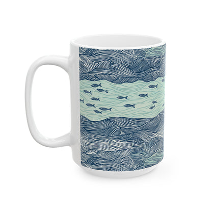 Ceramic Mug - Coastal Ocean Waves With School Of Fish