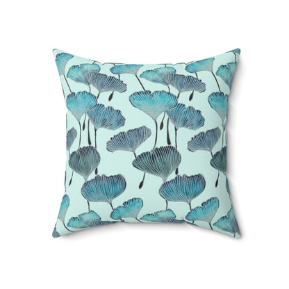 Square Pillow - Coastal Aqua Gingko Leaves Faux Suede