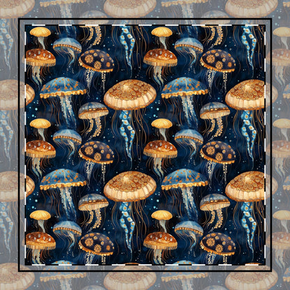 Cloth Napkin - Coastal Undersea Jellyfish In Navy, Blue And Yellow