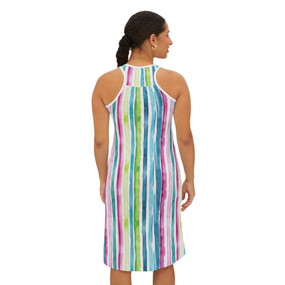 Women's Racerback Dress - Striped Aqua, Fuchsia, Chartreuse and White