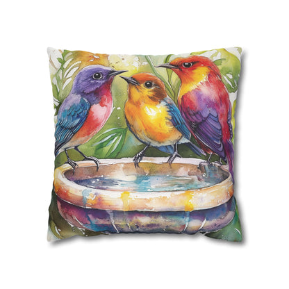 Square Pillow Cover - Colorful Birds In A Birdbath