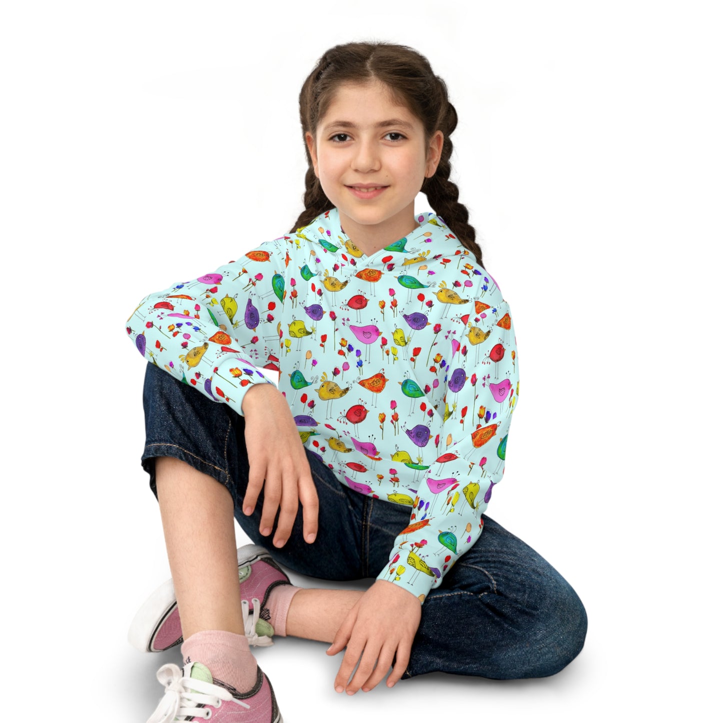 Children's Hoodie - Colorful Watercolor Silly Birds And Flowers On Blue Sky