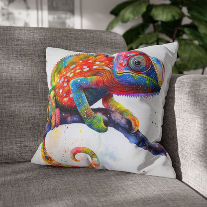 Square Pillow Cover – Colorful Chameleon Watercolor