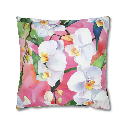 Square Pillow Cover - White Orchids On Pink Background