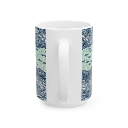 Ceramic Mug - Coastal Ocean Waves With School Of Fish