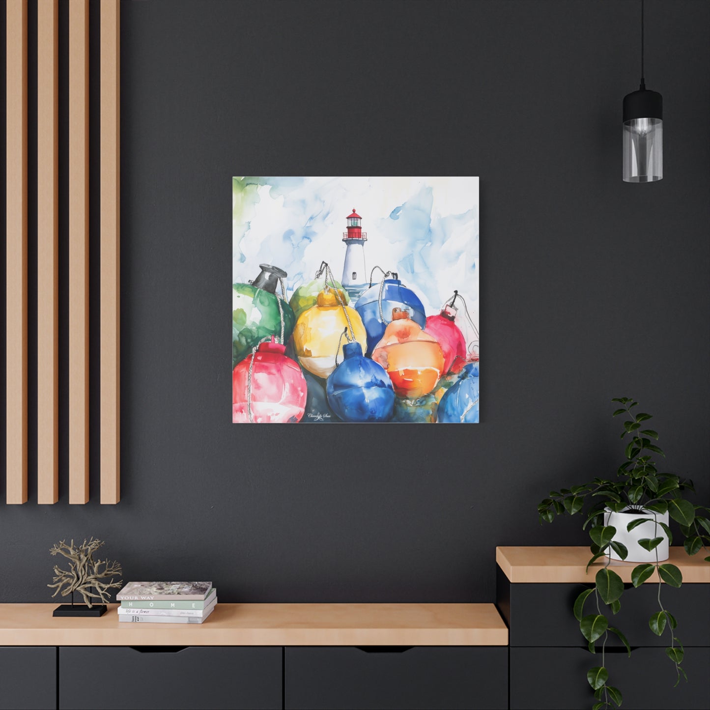 Canvas Art - Coastal Lighthouse And Colorful Buoys Wall Decor