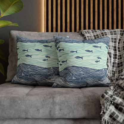Square Pillow Cover - Coastal Nautical Waves And Fish
