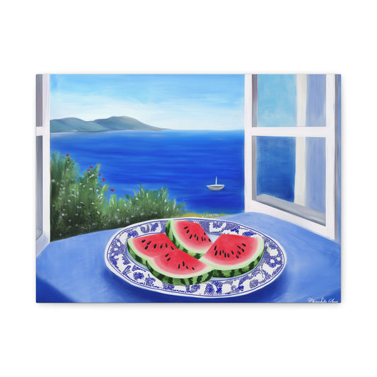 Canvas Art - Sea View Watermelon On Blue Plate Still Life