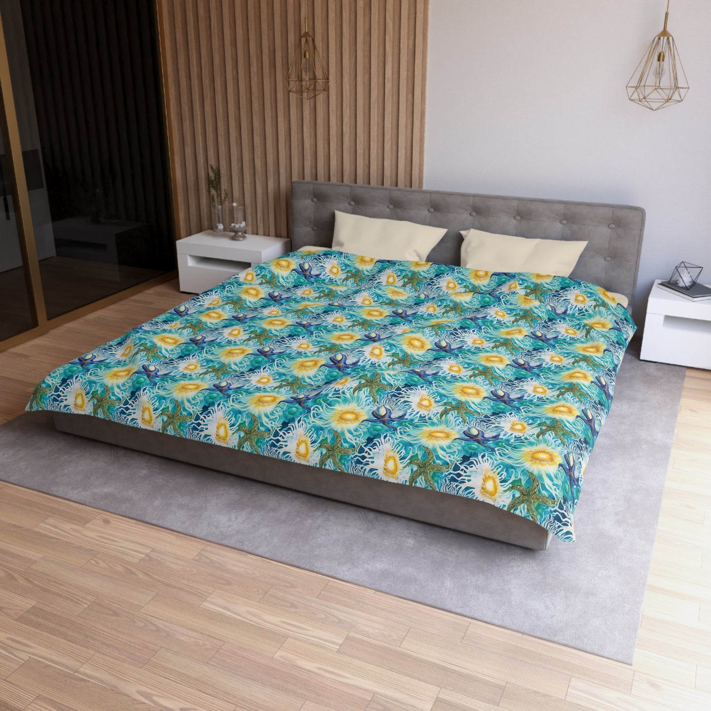 Duvet Cover - Coastal Watercolor Sea Anemones And Starfish