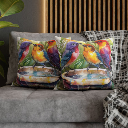 Square Pillow Cover - Colorful Birds In A Birdbath