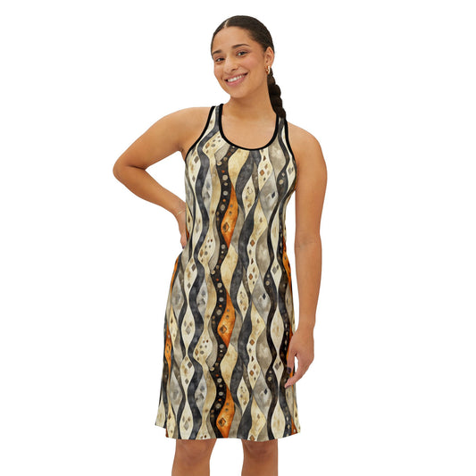 Women's Racerback Dress - Vertical Bohemian Wavy Stripes With Dots