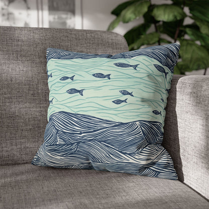 Square Pillow Cover - Coastal Nautical Waves And Fish