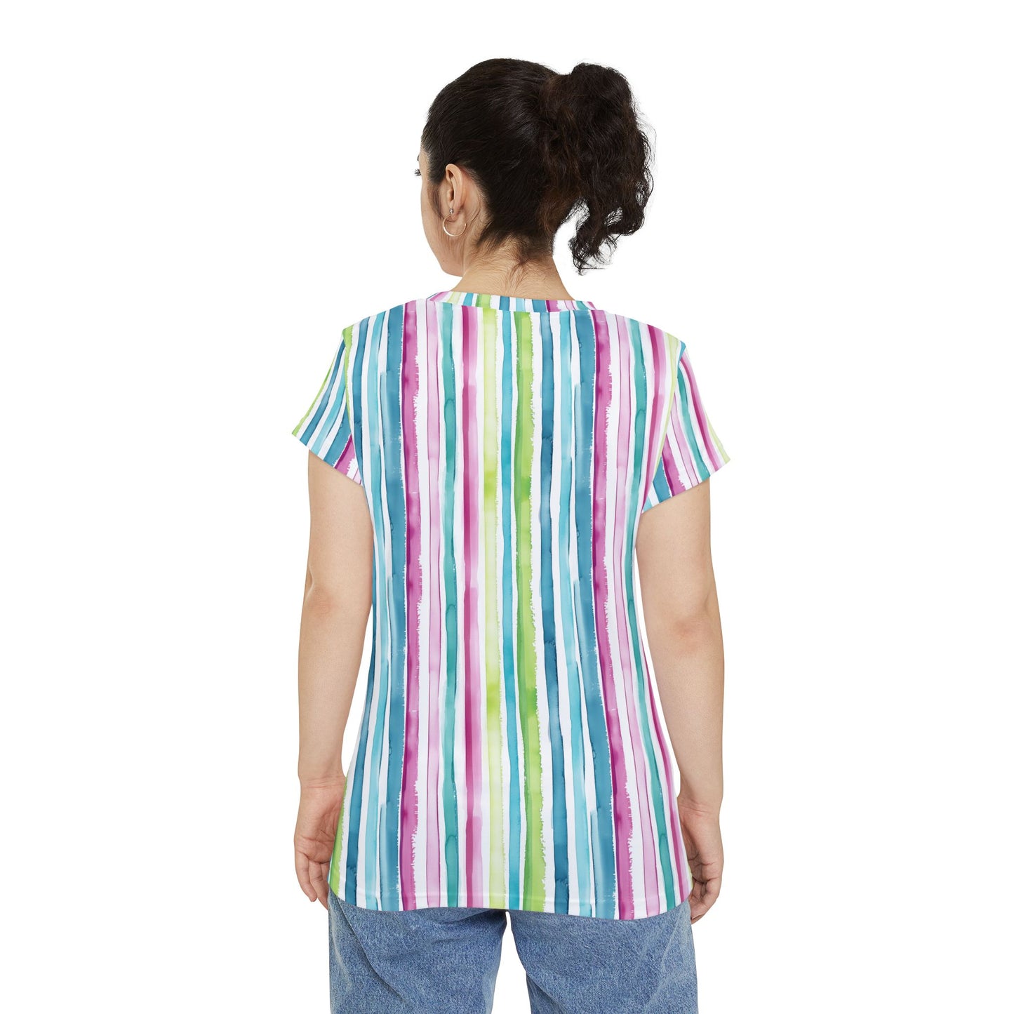 Women's Tee - Watercolor Beach Stripes in Blue, Pink, and Green Short Sleeve Tshirt